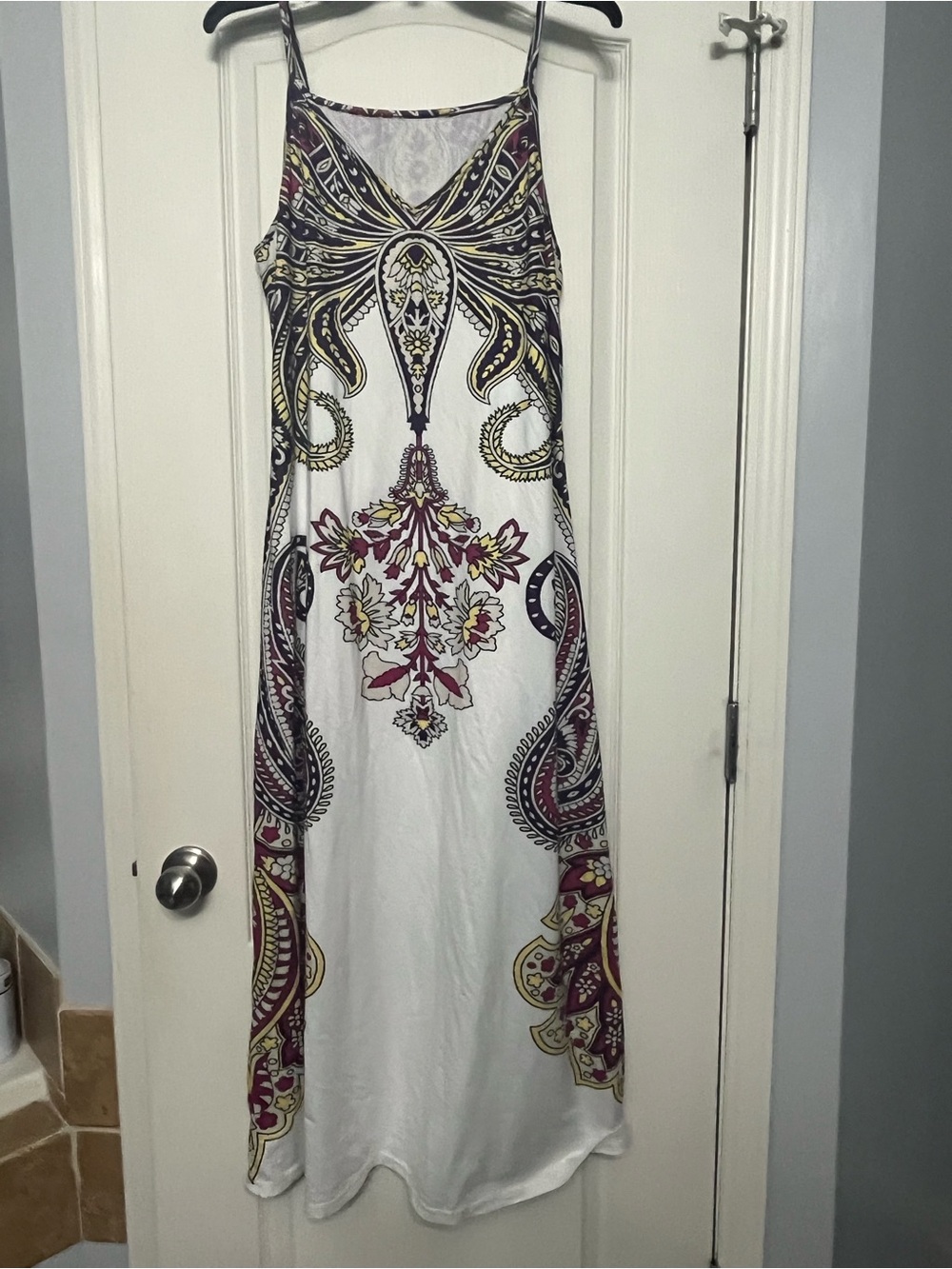 NWOT! White Maxi Dress with Purple and Yellow Paisley Print